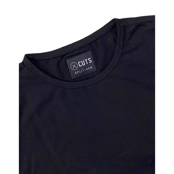 Cuts Clothing Men's Split Hem Crew Neck 4 Way Stretch Tee T-Shirt in Black - Picture 7 of 8